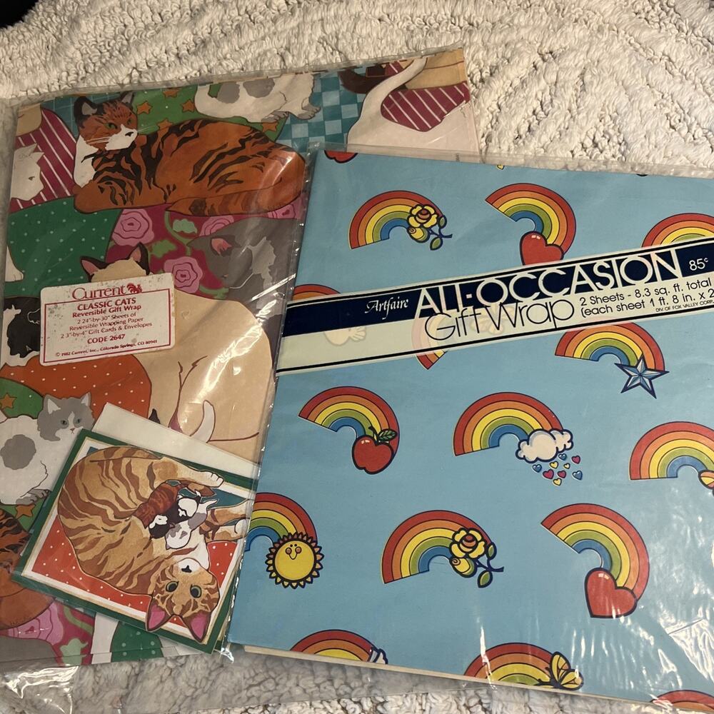 Vintage Classic Cats Current Gift Wrap Cards + Artfaire Rainbow Wrapping Paper